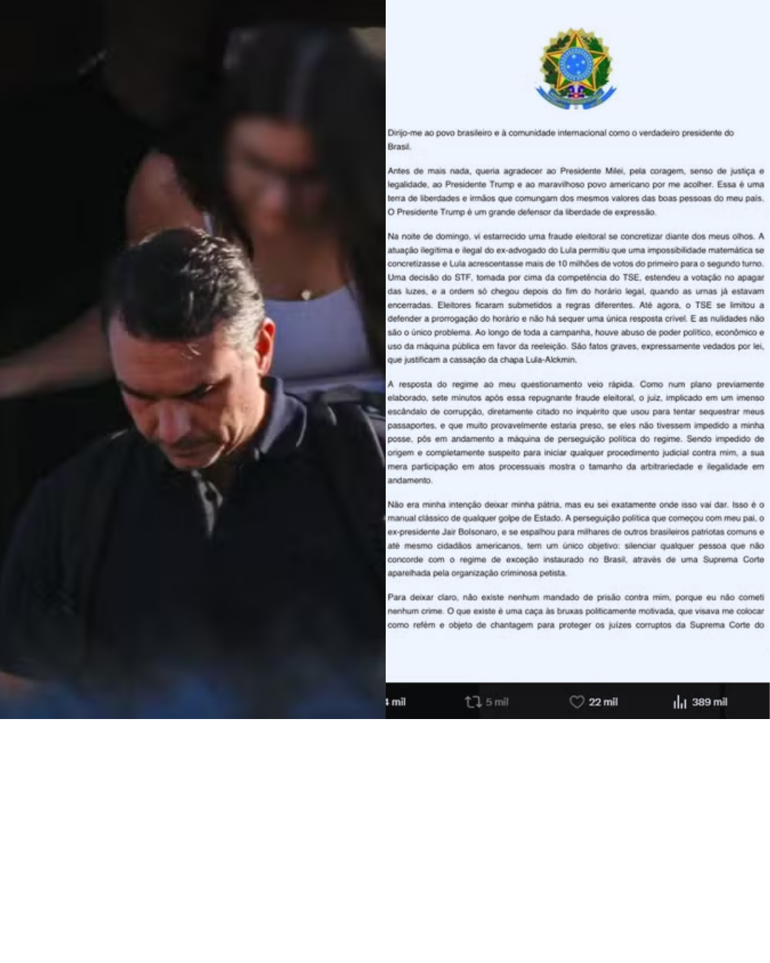 Após Chegar aos EUA, Flávio se Diz 'Presidente Eleito', Apaga Publicação e se Define Como 'Líder do Brasil'