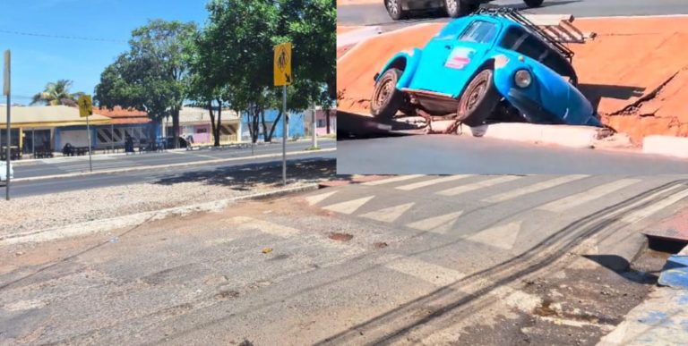 Fusca Azul Perde Controle e Cai em Valeta na Avenida das 4 Pistas no CPA III